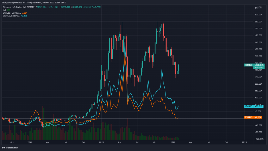 Showing LTC and BCH underperforming BTC during the bull run