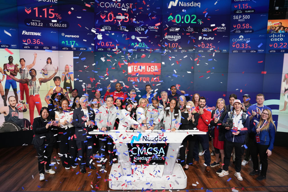 Team USA rings the Nasdaq stock market closing bell on April 17, 2024.