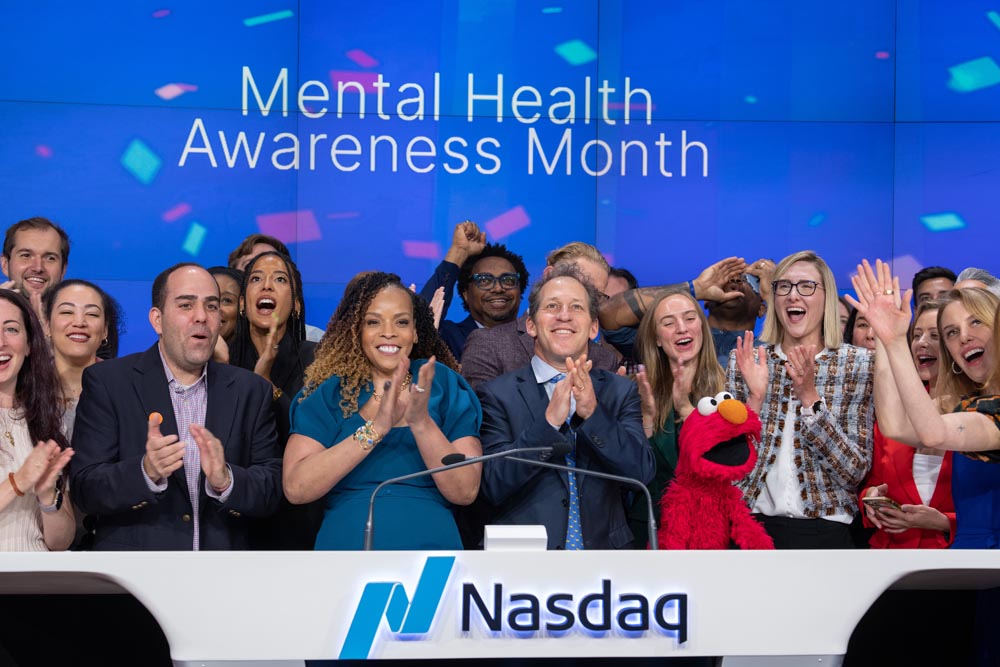 Elmo rings the bell in honor of Mental Health Awareness Month at Nasdaq MarketSite