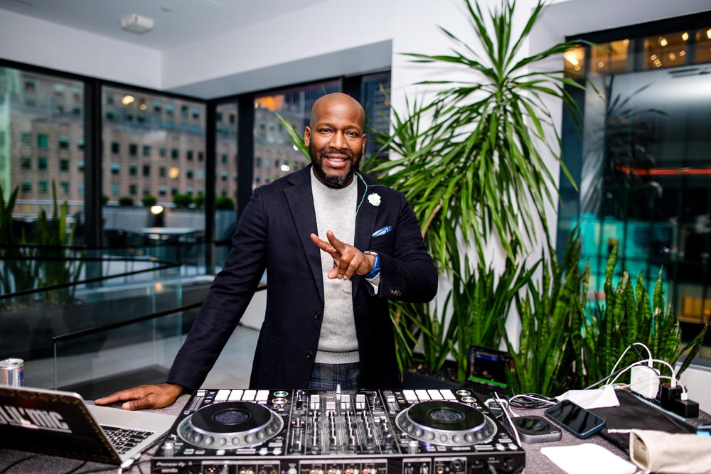 Photo of the DJ booth from the Savoy Directors Forum hosted at the Nasdaq MarketSite