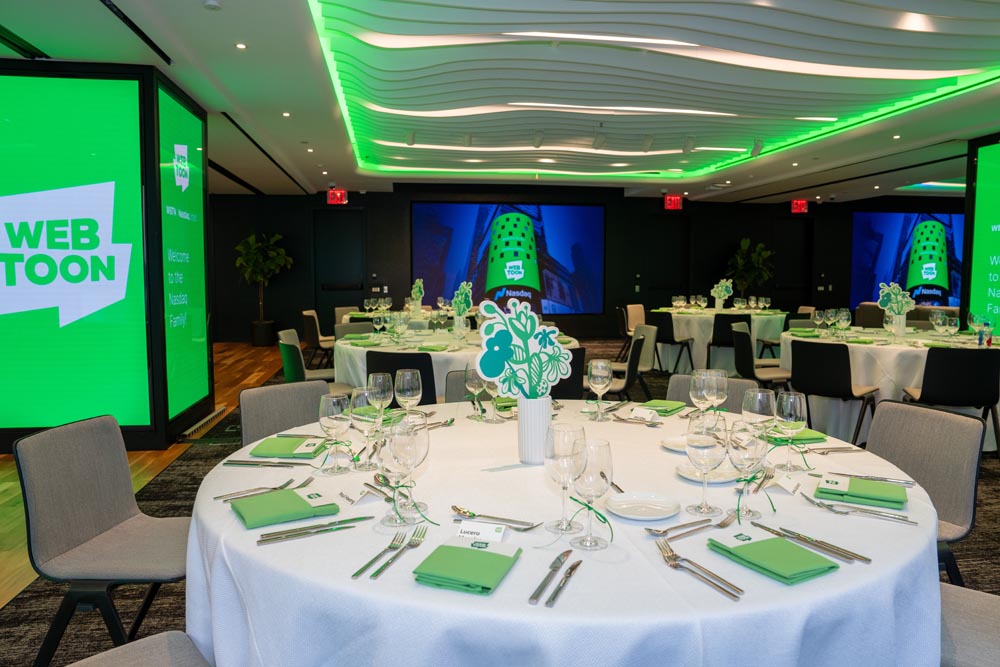 Custom Webtoon dining event setup on the 10th Floor at Nasdaq MarketSite