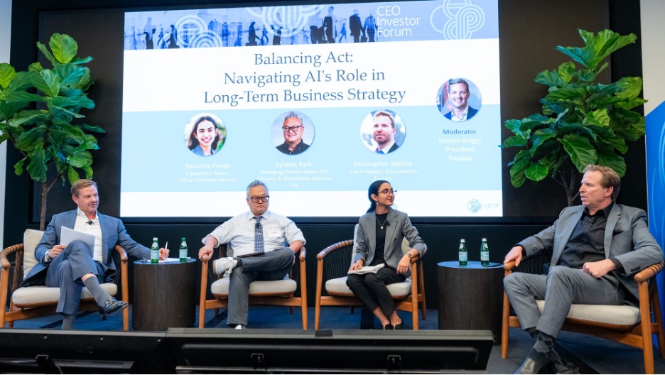 During a panel moderated by Nasdaq President Nelson Griggs, panelists discussed the intersection of AI innovation, governance and sustainability.