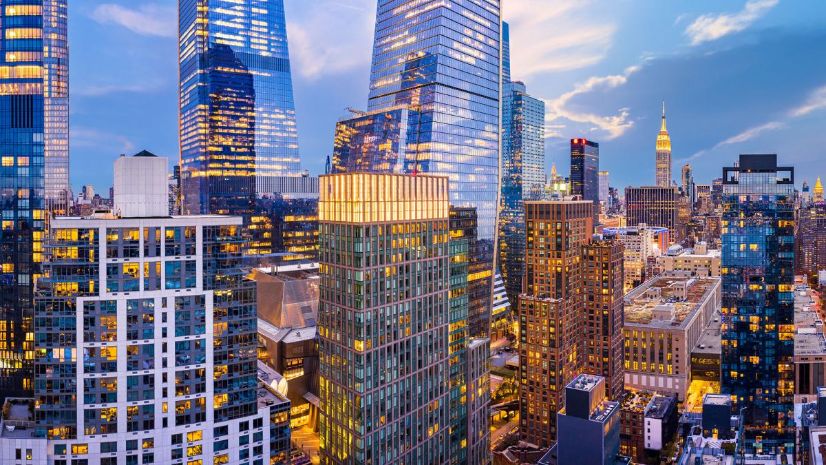 Aerial panorama of New York City skyscrapers