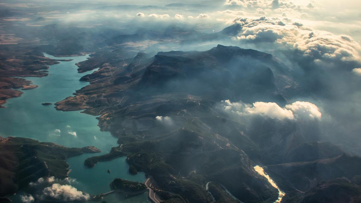 Aerial view mountains and water