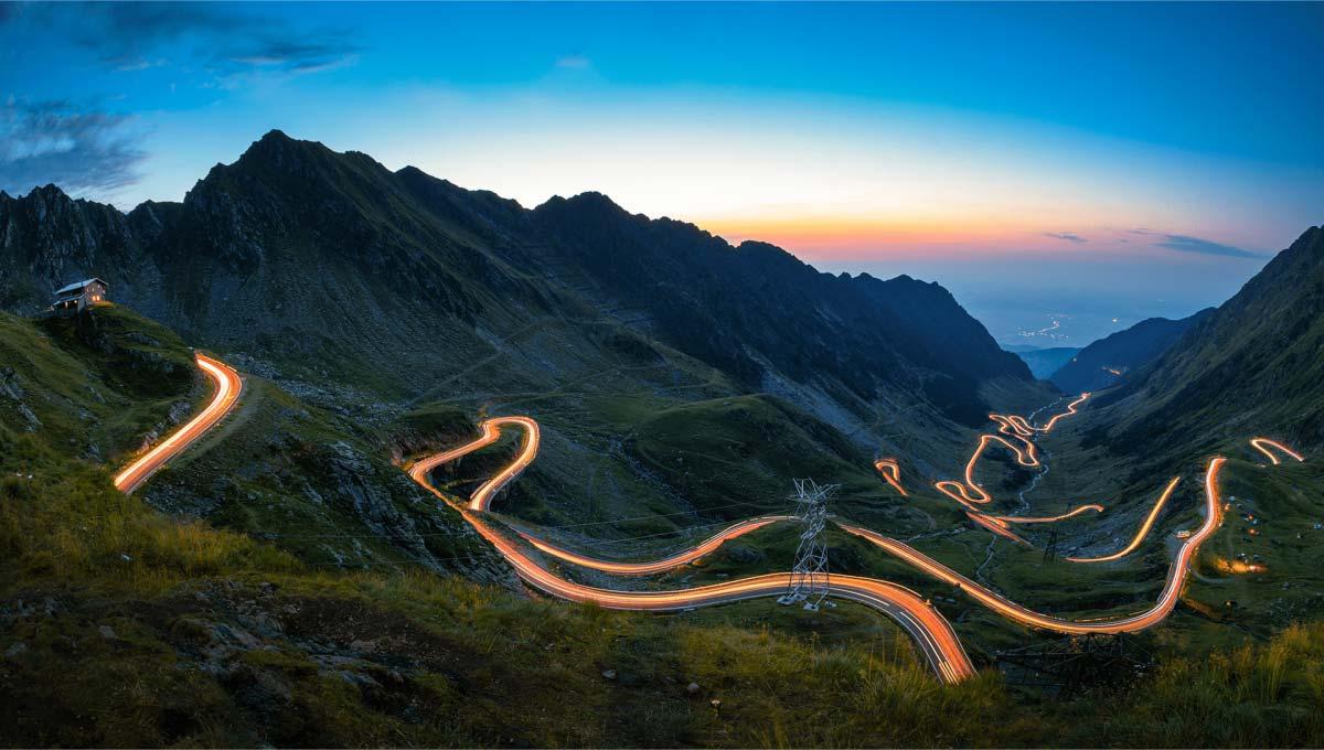 Mountains and illuminated roads