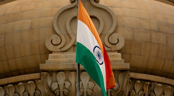 Closeup of the Indian flag in front of the Vidhana Soudha in Bengaluru