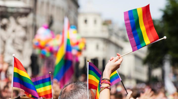 Crowd holding up Pride flags