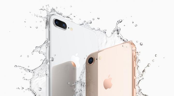 Apple's iPhone 8 Plus and iPhone 8 being splashed with water.