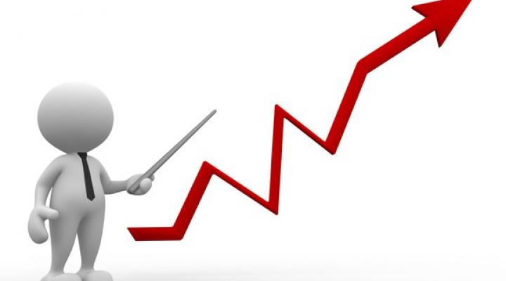 Cartoon figure pointing at a stock arrow trending upward