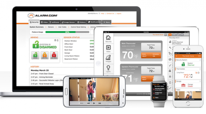 A computer, tablet, and smart phone displaying Alarm.com's software dashboard.