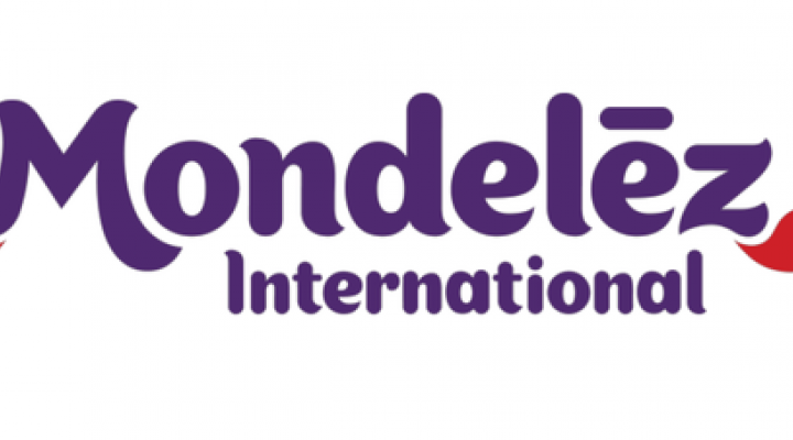 Mondelez International corporate logo with title of company written purple against a white background.