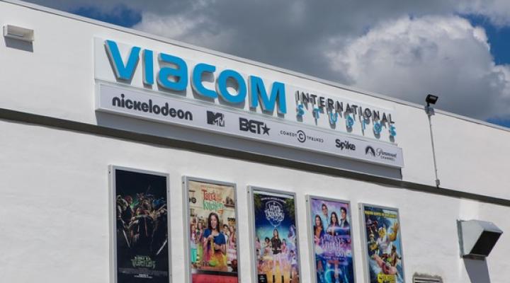 Building with Viacom logo and current movie and television offerings on posters.