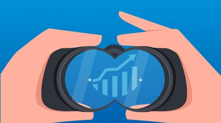 Cartoon of person using binoculars to observe the growth of business metrics.