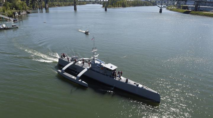 The Sea Hunter autonomous ship gets underway following its christening ceremony in Oregon.