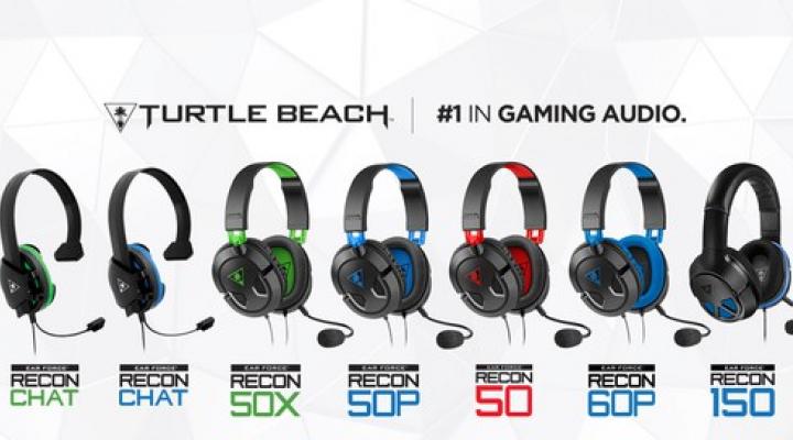 Seven of Turtle Beach's gaming headset models lined up horizontally with company name and logo and phrase "#1 in gaming audio" above them.