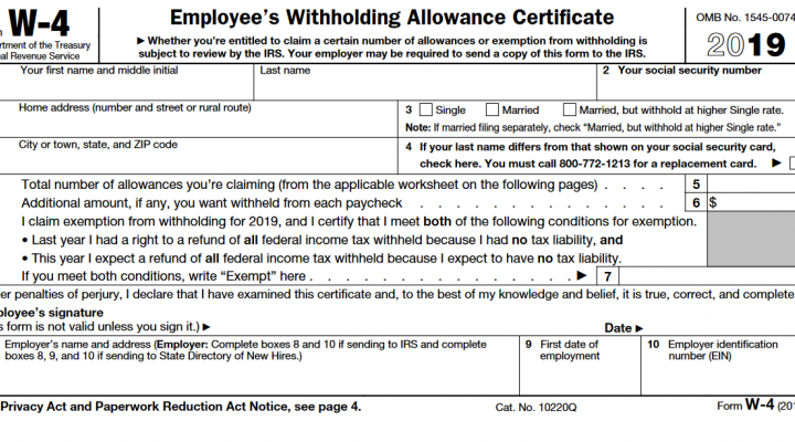 IRS form labeled W-4 Employee's Withholding Allowance Certificate.