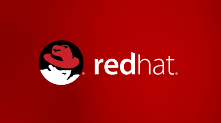 Red Hat's logo, white text on a deep red base.