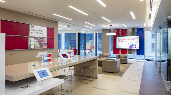 Inside of a Bank of America branch lobby.