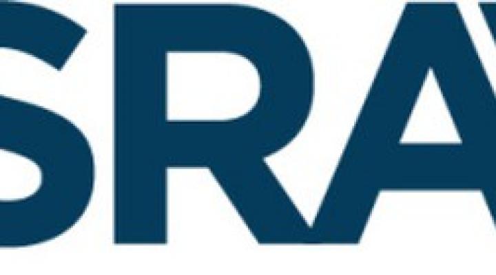 CSRA logo -- large navy letters with a navy and red symbol to the side