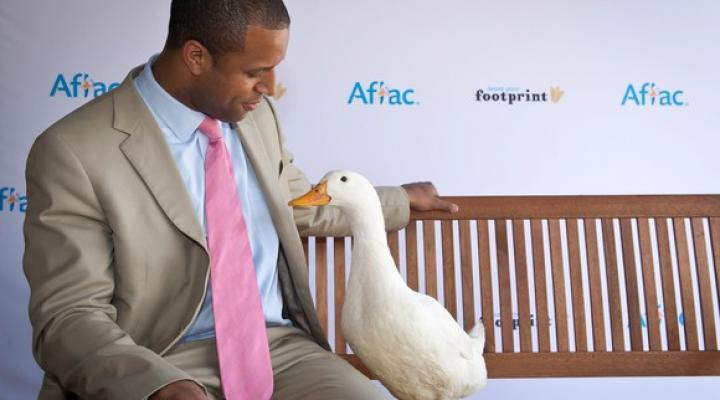 Duck with man in a suit on bench.