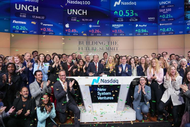 Climate changemakers ring the Nasdaq stock market opening bell on September 23, 2024.