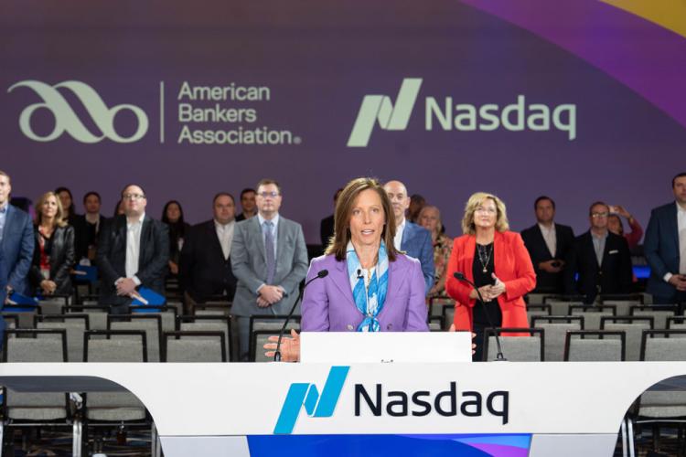 American Bankers Association rings the Nasdaq stock market closing bell on October 28, 2024.