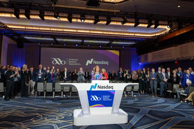 American Bankers Association rings the Nasdaq stock market closing bell on October 28, 2024.