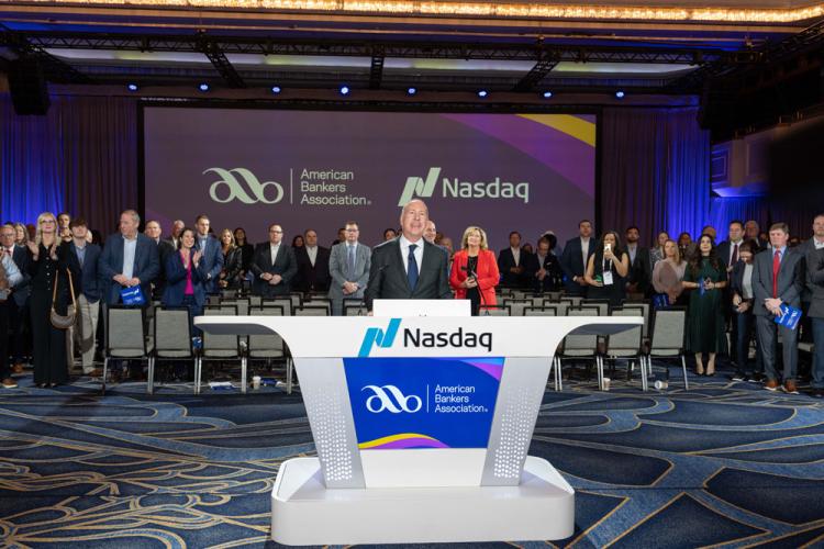 American Bankers Association rings the Nasdaq stock market closing bell on October 28, 2024.