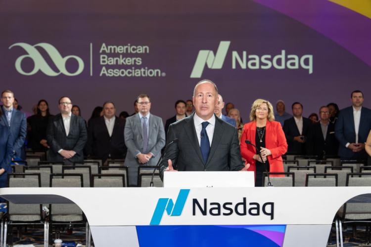 American Bankers Association rings the Nasdaq stock market closing bell on October 28, 2024.