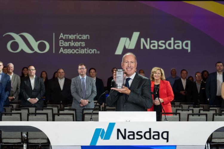 American Bankers Association rings the Nasdaq stock market closing bell on October 28, 2024.