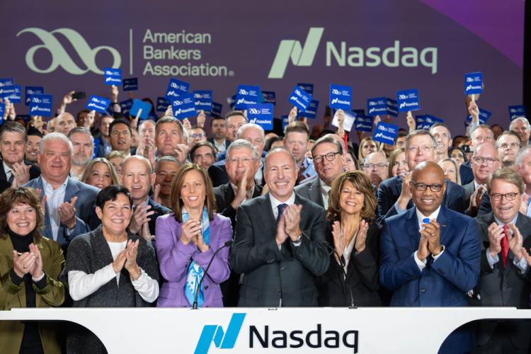 American Bankers Association rings the Nasdaq stock market closing bell on October 28, 2024.