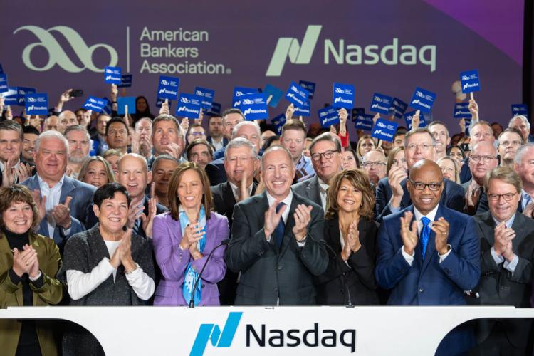 American Bankers Association rings the Nasdaq stock market closing bell on October 28, 2024.