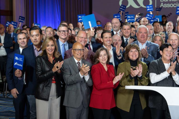 American Bankers Association rings the Nasdaq stock market closing bell on October 28, 2024.