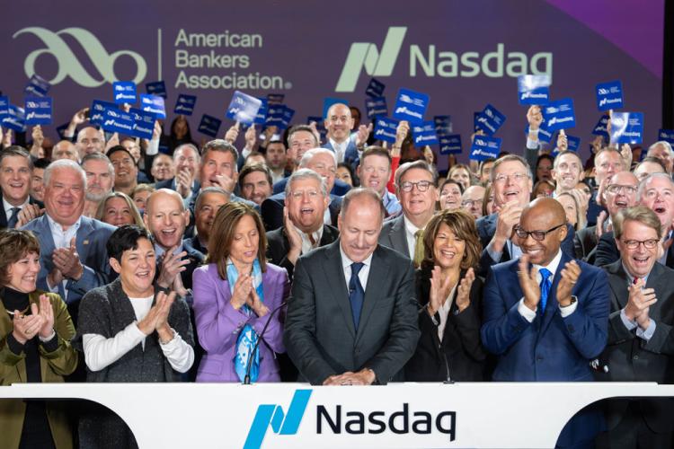 American Bankers Association rings the Nasdaq stock market closing bell on October 28, 2024.