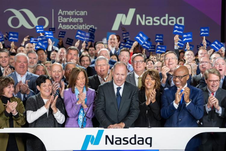 American Bankers Association rings the Nasdaq stock market closing bell on October 28, 2024.