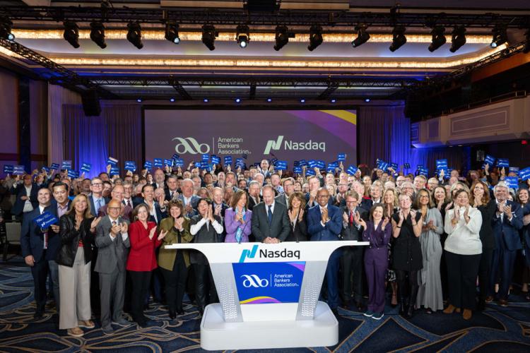 American Bankers Association rings the Nasdaq stock market closing bell on October 28, 2024.