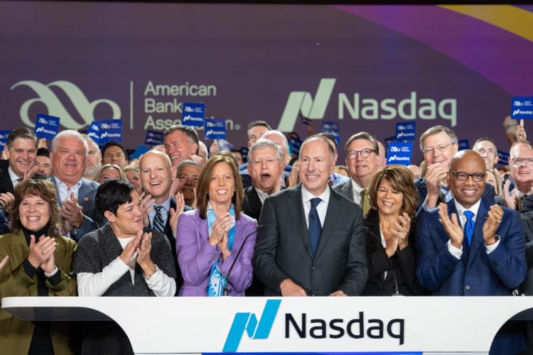 American Bankers Association rings the Nasdaq stock market closing bell on October 28, 2024.