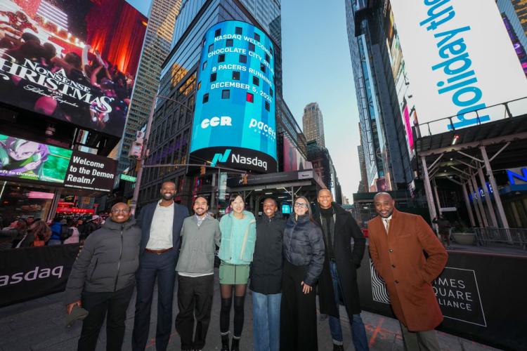 Chocolate City Relay and Pacers Running rings the Nasdaq stock market closing bell on December 5, 2024.