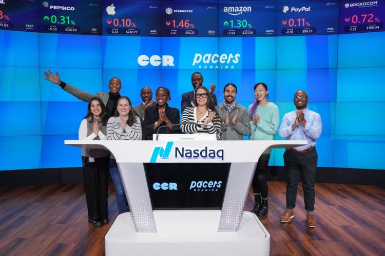 Chocolate City Relay and Pacers Running rings the Nasdaq stock market closing bell on December 5, 2024.