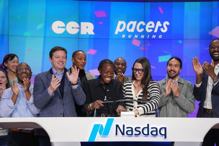 Chocolate City Relay and Pacers Running rings the Nasdaq stock market closing bell on December 5, 2024.