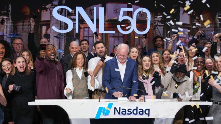 NBCUniversal rings the Nasdaq stock market opening bell in celebration of "Saturday Night Live" 50th Anniversary.