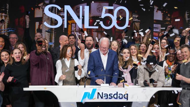 NBCUniversal rings the Nasdaq stock market opening bell in celebration of "Saturday Night Live" 50th Anniversary.