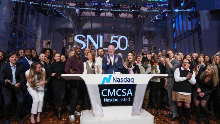 NBCUniversal rings the Nasdaq stock market opening bell in celebration of "Saturday Night Live" 50th Anniversary.