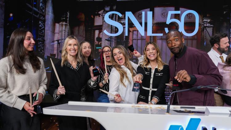 NBCUniversal rings the Nasdaq stock market opening bell in celebration of "Saturday Night Live" 50th Anniversary.