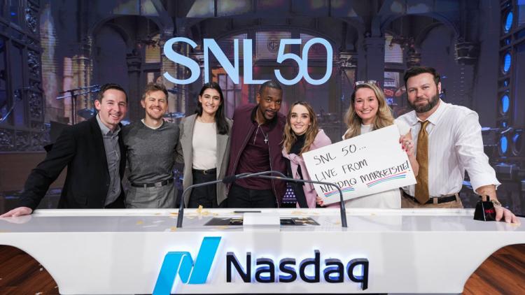 NBCUniversal rings the Nasdaq stock market opening bell in celebration of "Saturday Night Live" 50th Anniversary.