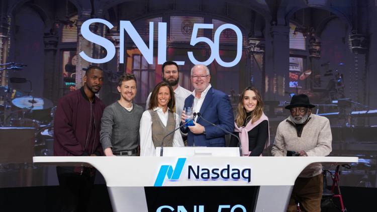 NBCUniversal rings the Nasdaq stock market opening bell in celebration of "Saturday Night Live" 50th Anniversary.