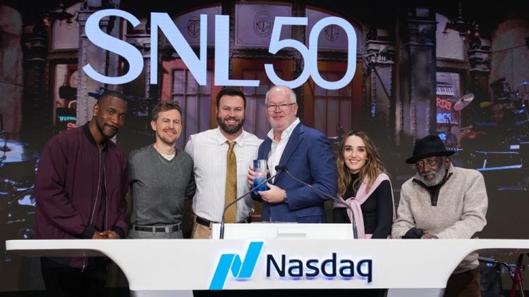 NBCUniversal rings the Nasdaq stock market opening bell in celebration of "Saturday Night Live" 50th Anniversary.