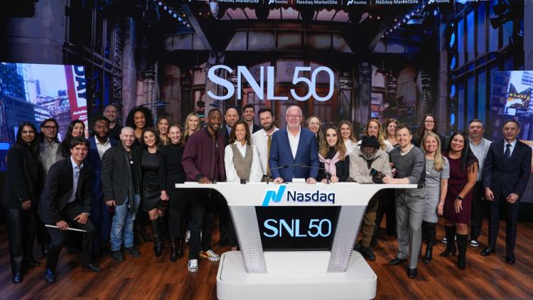 NBCUniversal rings the Nasdaq stock market opening bell in celebration of "Saturday Night Live" 50th Anniversary.