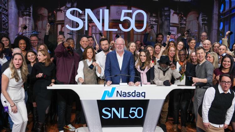 NBCUniversal rings the Nasdaq stock market opening bell in celebration of "Saturday Night Live" 50th Anniversary.